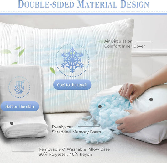 Cooling Pillows for Sleeping Standard Size Set of 2,Shredded Memory Foam Bed Pillow,Adjustable Loft Standard Pillow for Side & Back Sleeper-Medium Firm