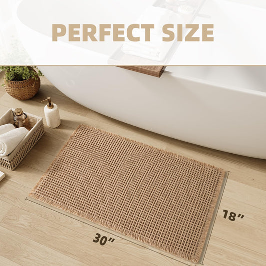 Upgraded Waffle Bath Mat Non Slip Super Absorbent Quick Dry Bath Mats for Bathroom Floor Machine Washable Bathroom Mat Ultra Soft Boho Bathroom Rugs with Tassels beside Tub, 18" X 30", Brown