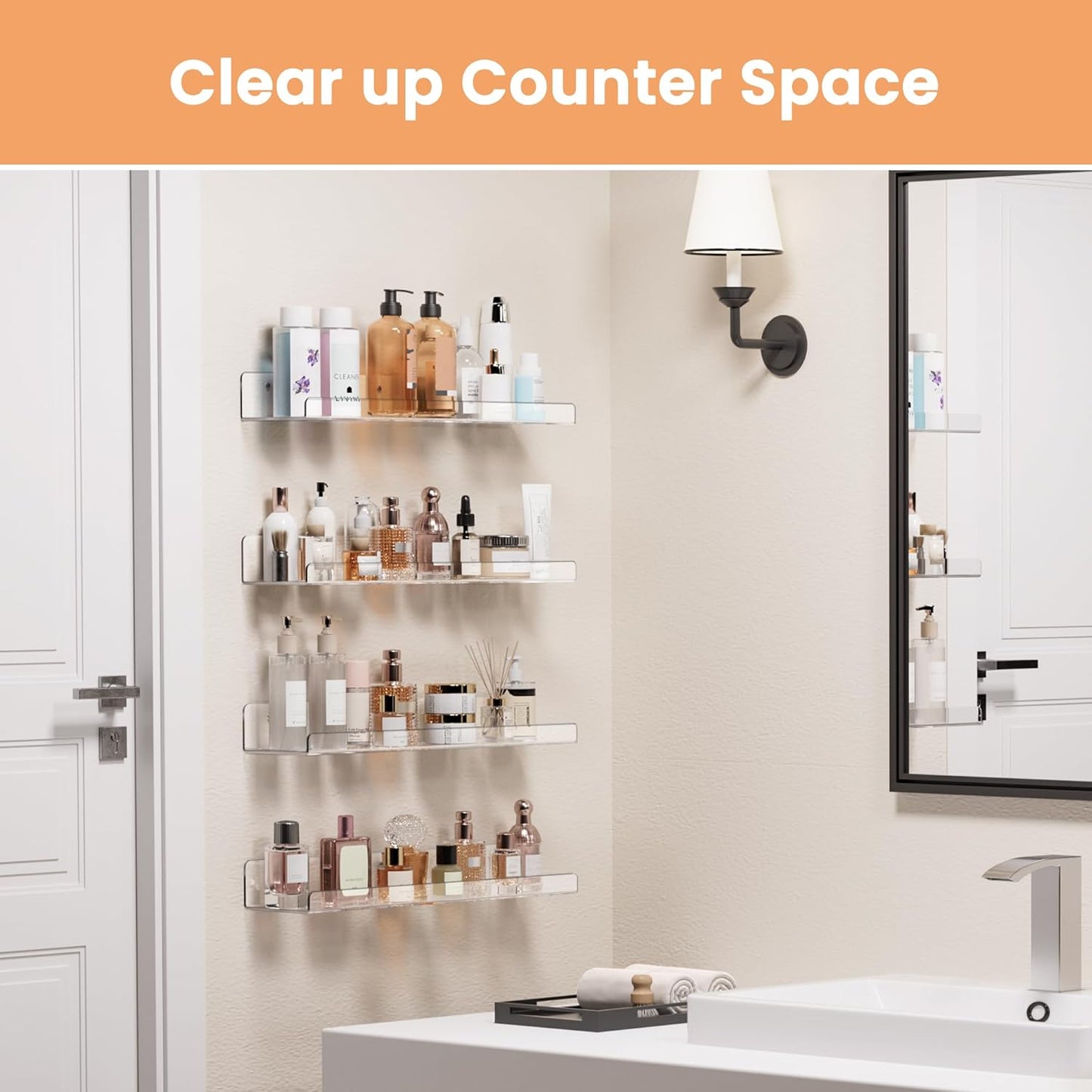 Clear Acrylic Shelves for Storage, 15" Floating Shelves Wall Mounted for Kids Bookshelf/Display Ledge for Bedroom, Living Room, Bathroom, Kitchen, Set of 4