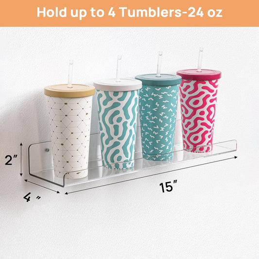 Clear Acrylic Shelves for Storage, 15" Floating Shelves Wall Mounted for Kids Bookshelf/Display Ledge for Bedroom, Living Room, Bathroom, Kitchen, Set of 4