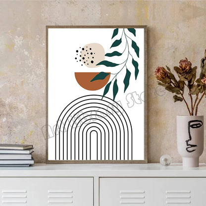 Boho Abstract Terracotta Tones Botanical Geometric Line Mid Century Nordic Poster Canvas Painting Wall Art Pictures Home Decor