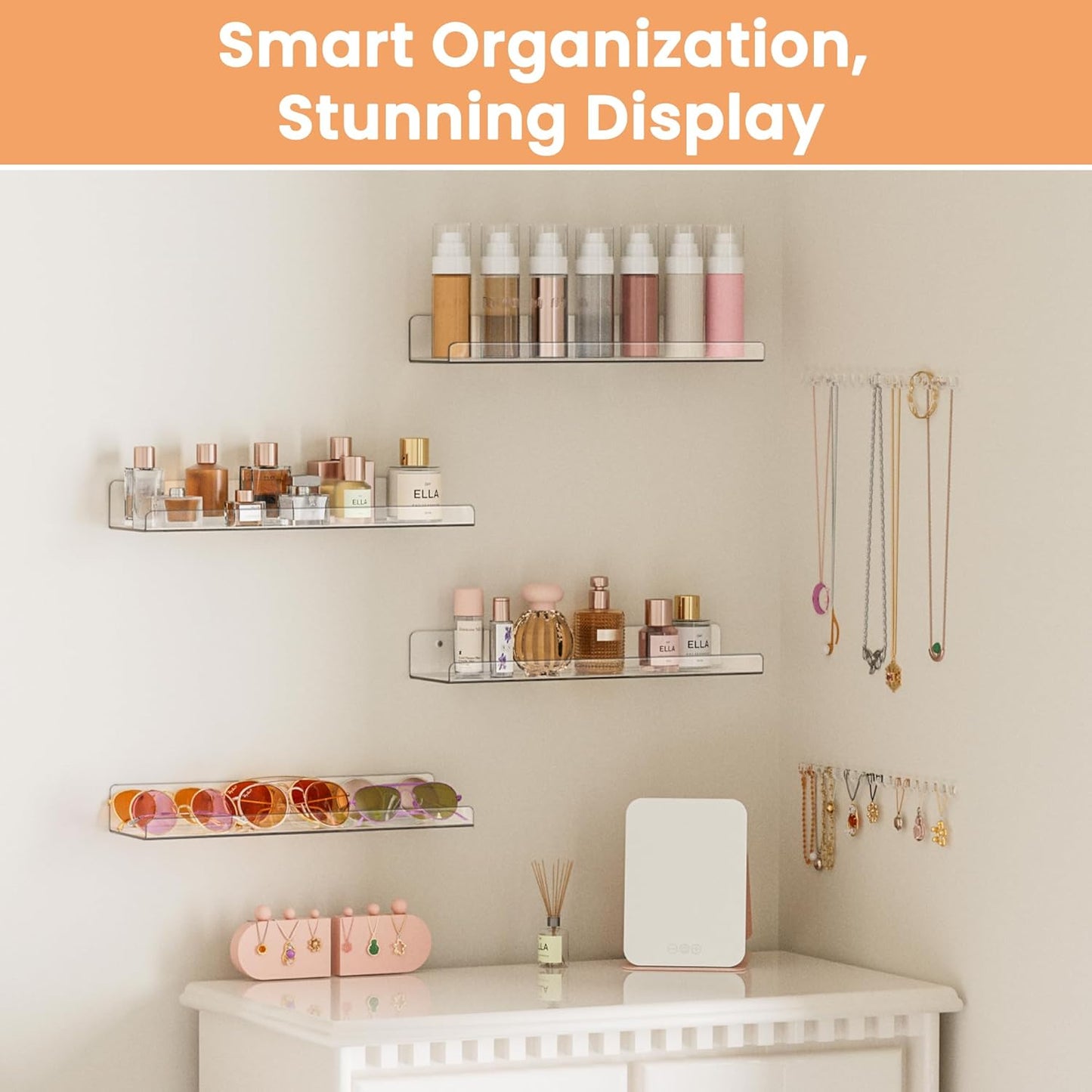 Clear Acrylic Shelves for Storage, 15" Floating Shelves Wall Mounted for Kids Bookshelf/Display Ledge for Bedroom, Living Room, Bathroom, Kitchen, Set of 4