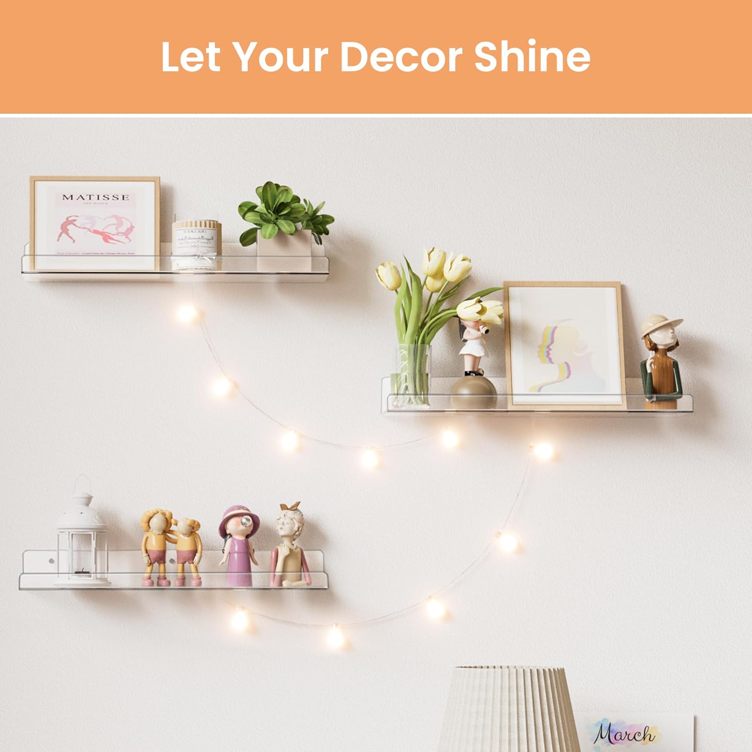 Clear Acrylic Shelves for Storage, 15" Floating Shelves Wall Mounted for Kids Bookshelf/Display Ledge for Bedroom, Living Room, Bathroom, Kitchen, Set of 4