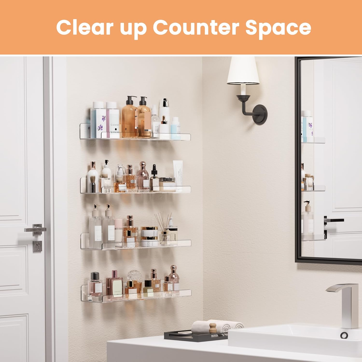Clear Acrylic Shelves for Storage, 15" Floating Shelves Wall Mounted for Kids Bookshelf/Display Ledge for Bedroom, Living Room, Bathroom, Kitchen, Set of 4