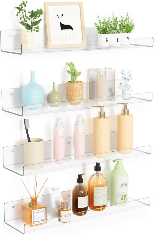 Clear Acrylic Shelves for Storage, 15" Floating Shelves Wall Mounted for Kids Bookshelf/Display Ledge for Bedroom, Living Room, Bathroom, Kitchen, Set of 4