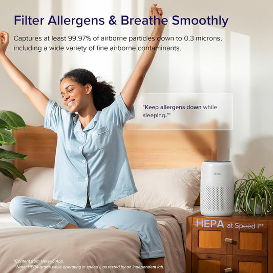 Air Purifiers for Bedroom Home, HEPA Freshener Filter Small Room Cleaner with Fragrance Sponge for Smoke, Allergies, Pet Dander, Odor, Dust Remover, Office, Desktop, Table Top, Core Mini, White