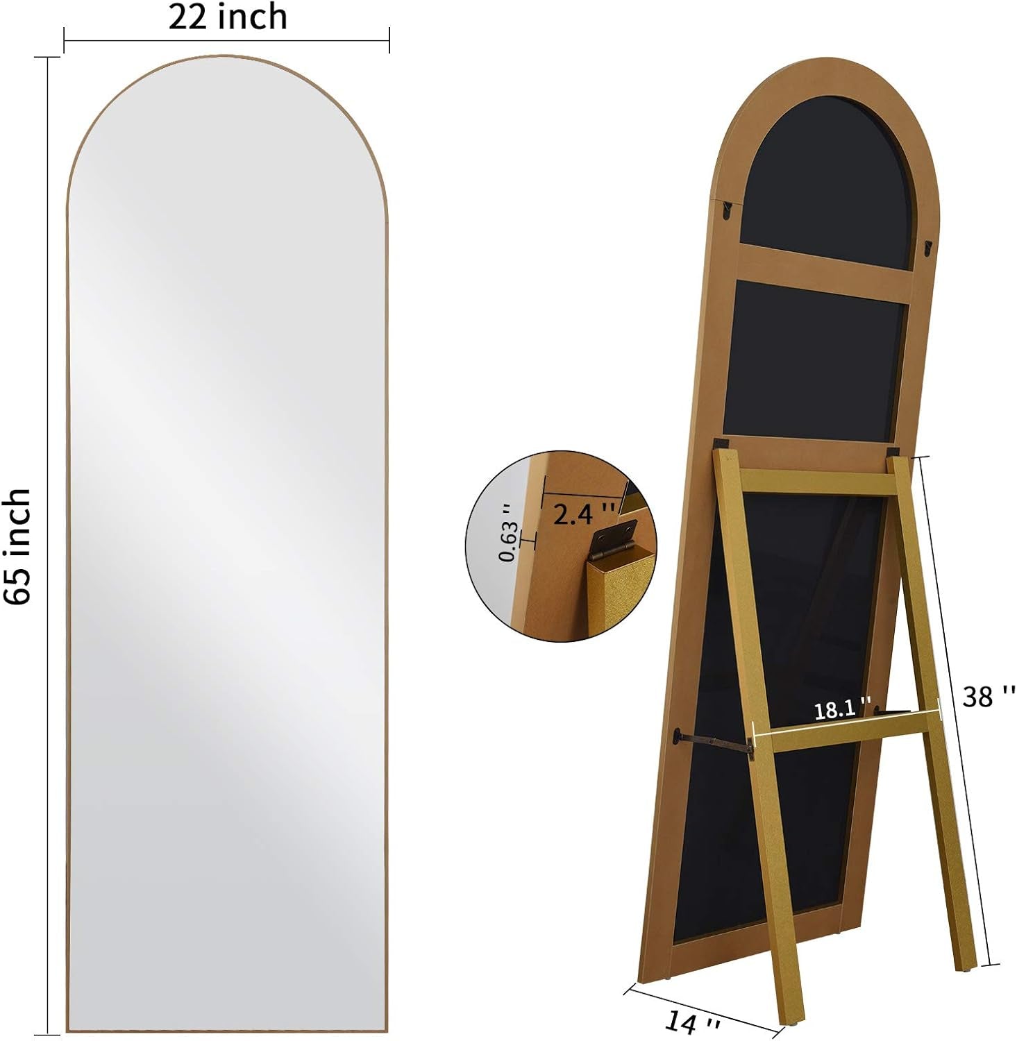 Sleek Gold Arched Full Length Mirror - 64"x21" Stylish Floor Mirror for Dressing, Leaning or Wall Mounting