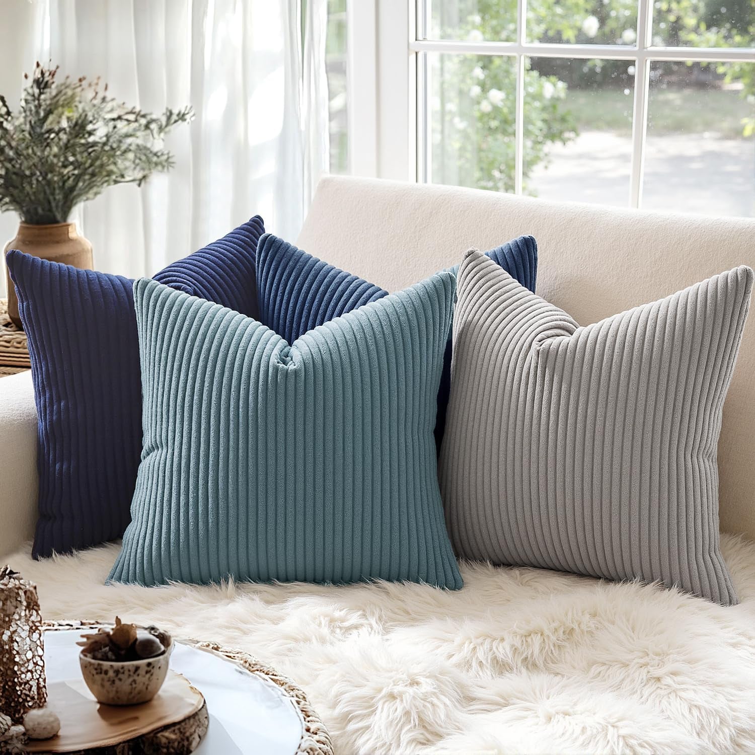 Pack of 2 Corduroy Soft Soild Decorative Square Throw Pillow Covers Cushion Cases Pillow Cases for Couch Sofa Bedroom Car 18 X 18 Inch 45 X 45 Cm, Navy Blue