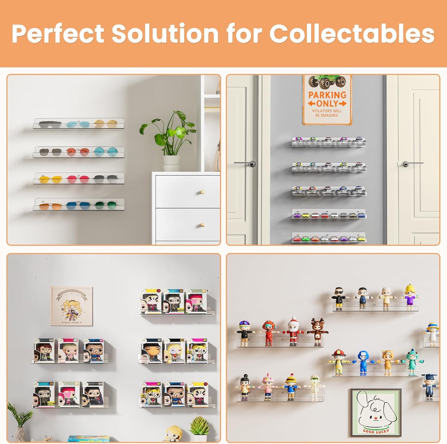 Clear Acrylic Shelves for Storage, 15" Floating Shelves Wall Mounted for Kids Bookshelf/Display Ledge for Bedroom, Living Room, Bathroom, Kitchen, Set of 4