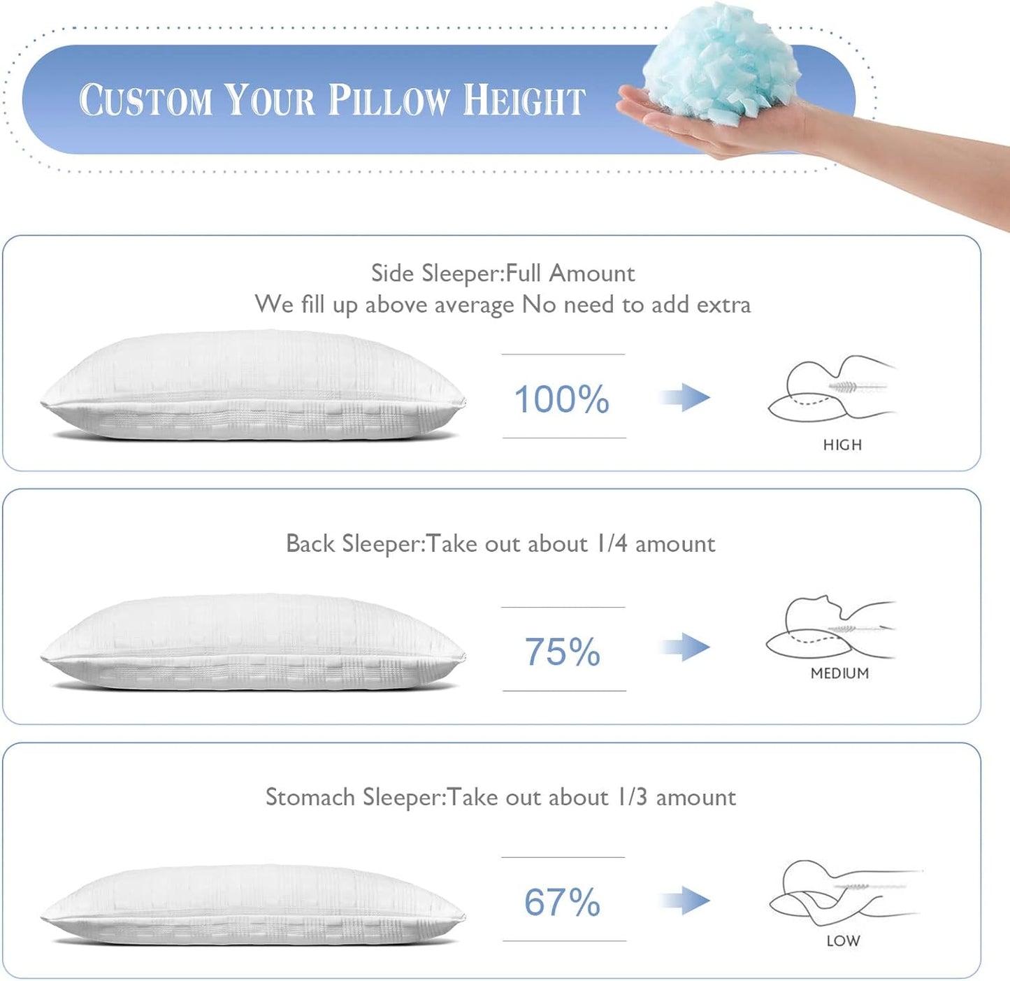 Cooling Pillows for Sleeping Standard Size Set of 2,Shredded Memory Foam Bed Pillow,Adjustable Loft Standard Pillow for Side & Back Sleeper-Medium Firm