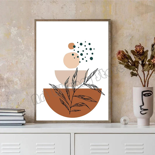 Boho Abstract Terracotta Tones Botanical Geometric Line Mid Century Nordic Poster Canvas Painting Wall Art Pictures Home Decor