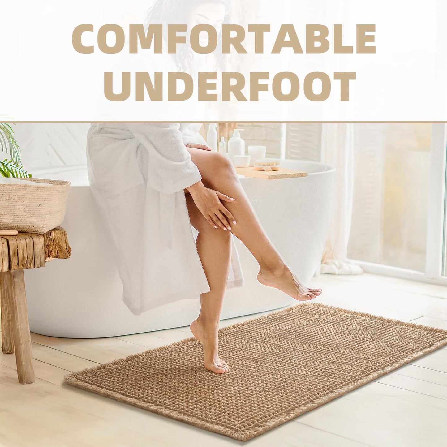 Upgraded Waffle Bath Mat Non Slip Super Absorbent Quick Dry Bath Mats for Bathroom Floor Machine Washable Bathroom Mat Ultra Soft Boho Bathroom Rugs with Tassels beside Tub, 18" X 30", Brown