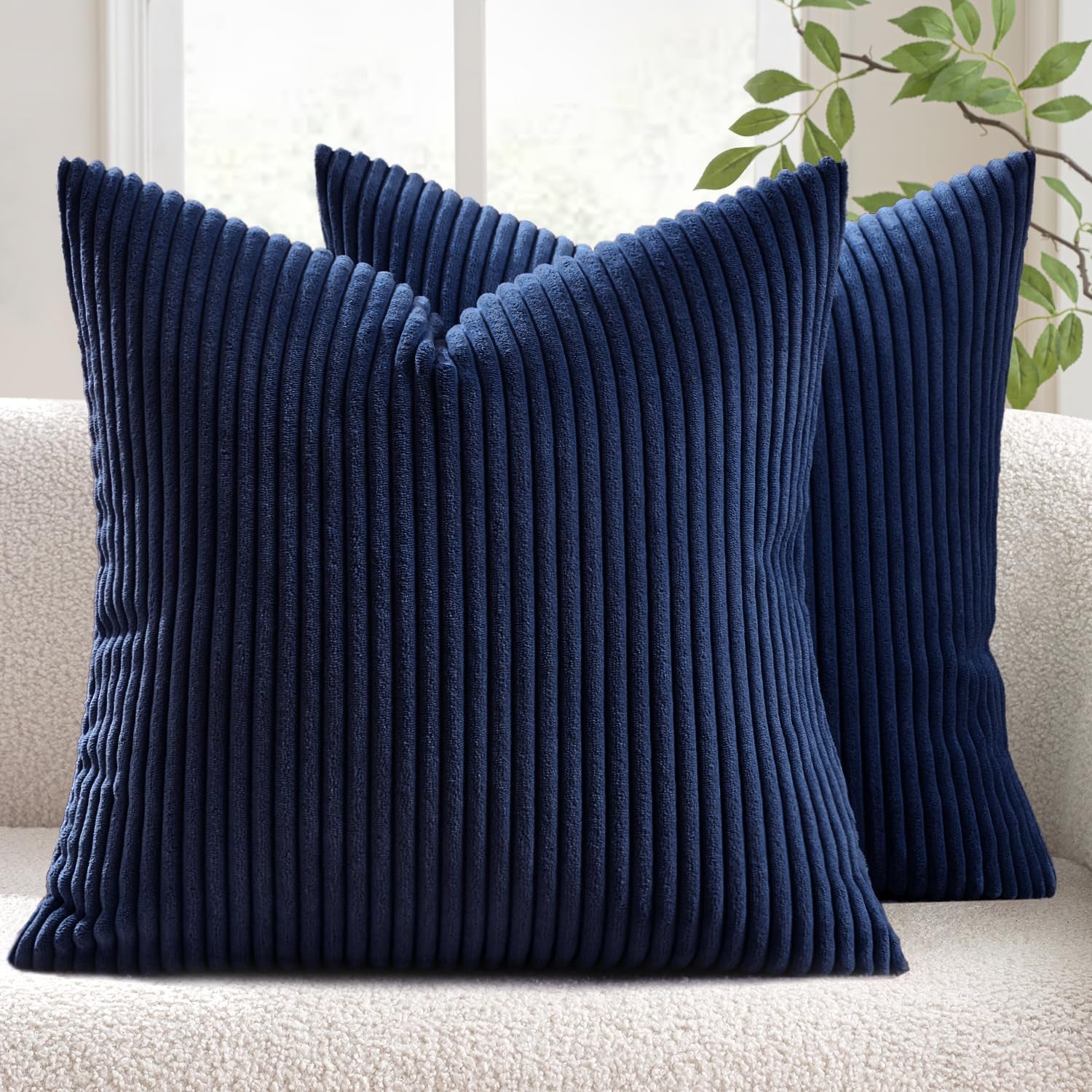 Pack of 2 Corduroy Soft Soild Decorative Square Throw Pillow Covers Cushion Cases Pillow Cases for Couch Sofa Bedroom Car 18 X 18 Inch 45 X 45 Cm, Navy Blue