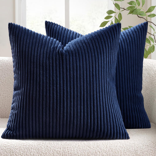 Pack of 2 Corduroy Soft Soild Decorative Square Throw Pillow Covers Cushion Cases Pillow Cases for Couch Sofa Bedroom Car 18 X 18 Inch 45 X 45 Cm, Navy Blue