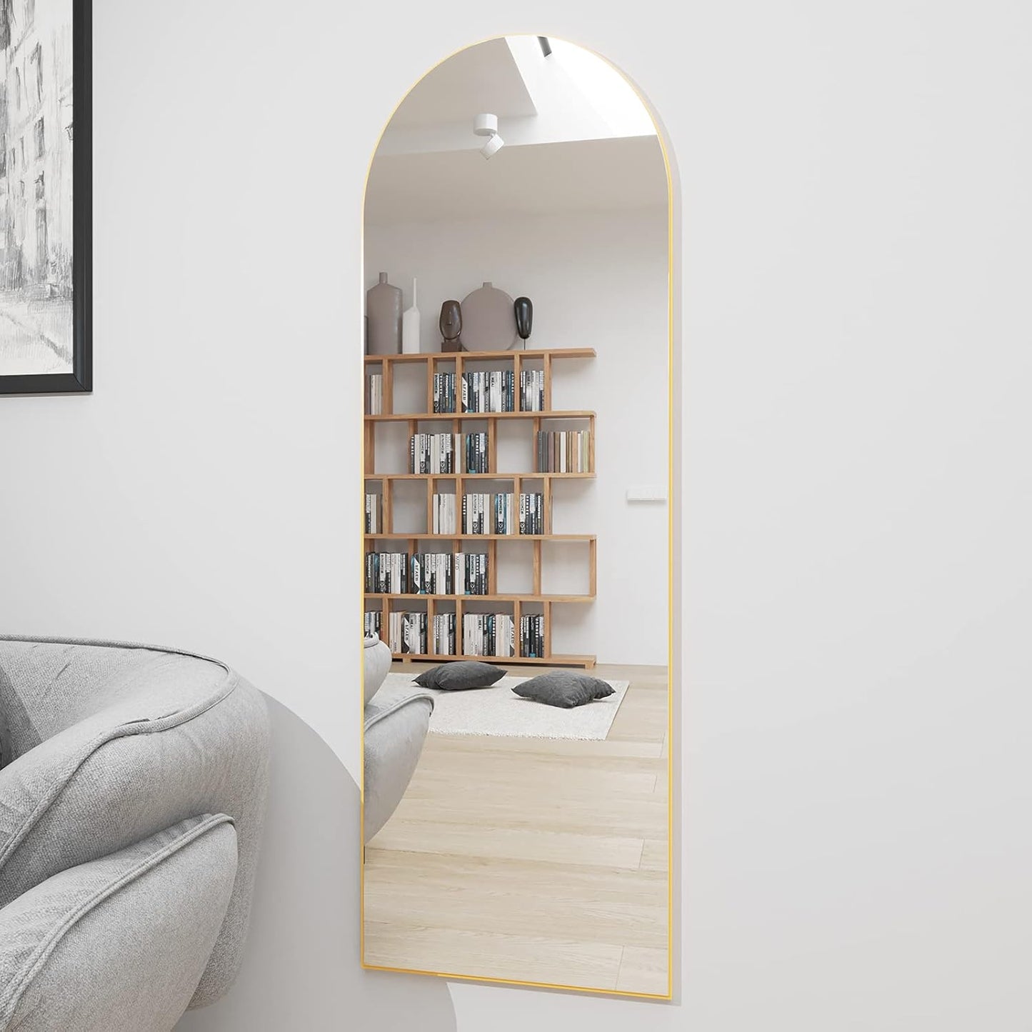 Sleek Gold Arched Full Length Mirror - 64"x21" Stylish Floor Mirror for Dressing, Leaning or Wall Mounting
